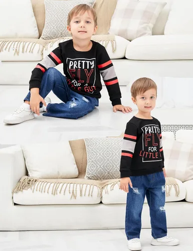 Vista 3 de oklady Ropa para niño pequeño, sudadera de manga larga con letras y pantalones de mezclilla rasgados, trajes de otoño e invierno para niños, 2-6T