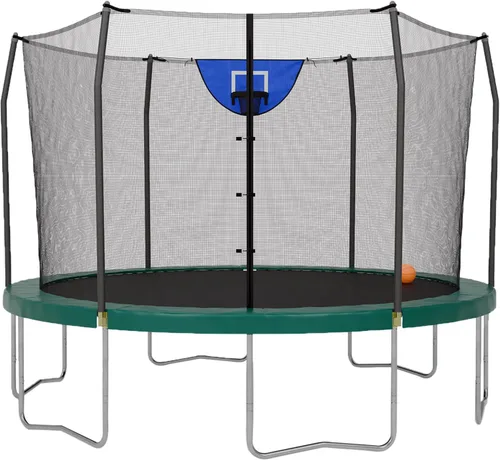 Vista 14 de Skywalker Trampolines Cama elástica al aire libre de 8 pies, 12 pies, 15 pies Jump N’ Dunk redonda con red, colchón de trampoline y aro de Azul