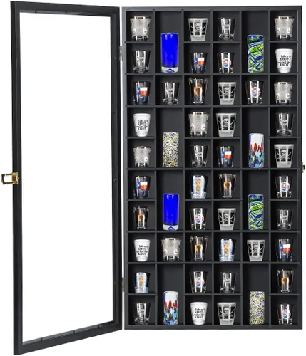 Vista 9 de Vitrina de vidrio de chupito, soporte de madera para armario montado en la pared, caja de sombra negra con cerradura con protección UV, exhibición