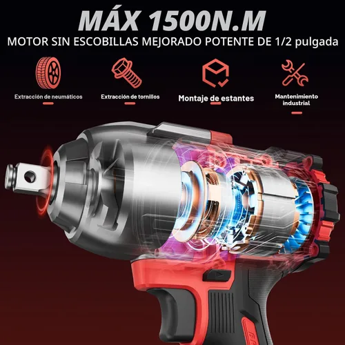 Vista 2 de Llave de impacto inalámbrica de 1/2" 1107Ft-lb(1500N.m) con batería Grande