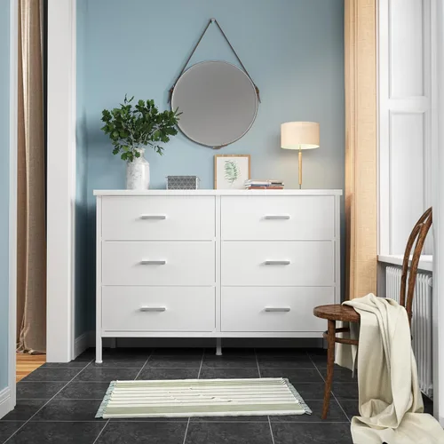 Vista 5 de BOLUO Cómoda blanca para dormitorio, 6 cajones, soporte de TV ancho para aparadores de TV de 50 pulgadas y cajoneras de tela para armario moderno