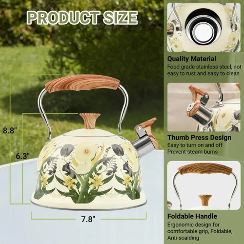 Vista 3 de Tea Kettle for Stove Top, 2.7 Quart Floral Whistling Kettle Tea Pots Stainless Steel Tea Pots with Wood Pattern Folding Handle for Boiling Water