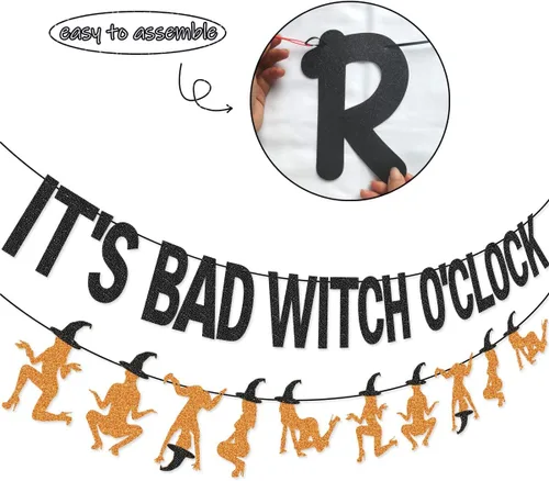 Vista 2 de Guirnalda de pancarta con texto en inglés "It's Bad Witch O'Clock para decoraciones de despedida de soltera de Halloween