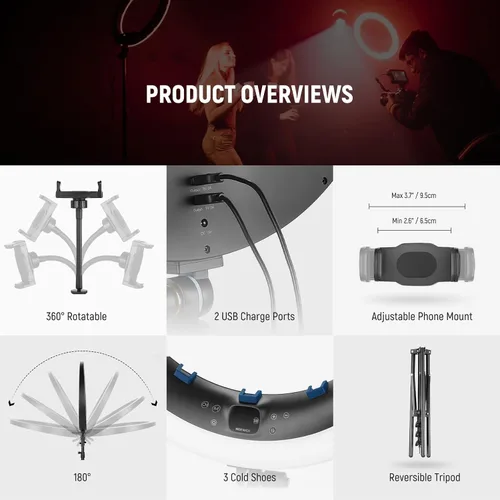 Vista 7 de NEEWER - Anillo de luz RGB LED de 19 pulgadas con soporte, 3 soportes para teléfono, panel táctil, control 2.4G/App, 42W CRI97+ 2800lux/0.5m 360°