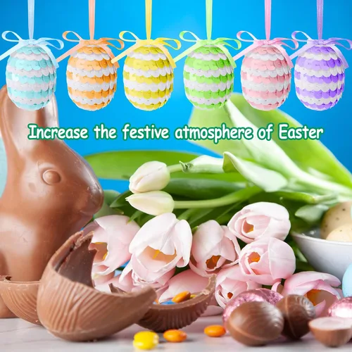 Vista 5 de 30 huevos de lentejuelas colgantes de Pascua, adornos de huevos de Pascua de 1.6 pulgadas con lazo, adornos de árbol de huevo colgantes de primavera