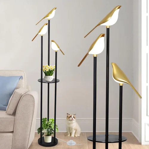 Vista 10 de Lámparas de pie doradas para sala de estar, lámpara de pie moderna con estantes, lámpara de pie de mediados de siglo con 3 luces LED de pájaro