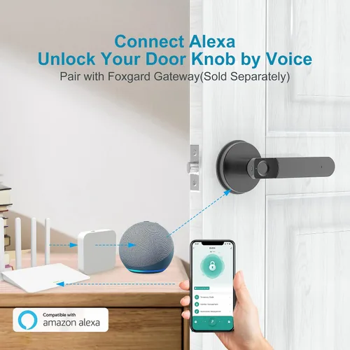 Vista 4 de Foxgard - Cerradura de puerta biométrica con perilla inteligente de huellas dactilares, control remoto con aplicación, cerradura de puerta Negro