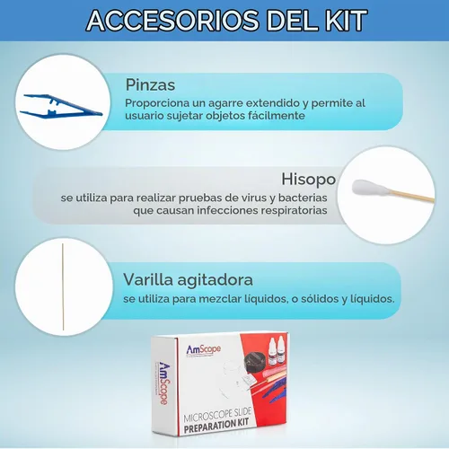Vista 5 de Kit de preparación de portaobjetos de microscopio AmScope - Incluye diapositivas de microscopio en blanco, polvos de colorante rojo eosina y azul