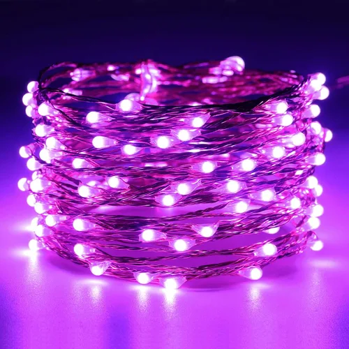 Vista 2 de RUICHEN Guirnalda de luces de alambre de cobre enchufable de 33 pies, 100 luces LED con carrete, color morado
