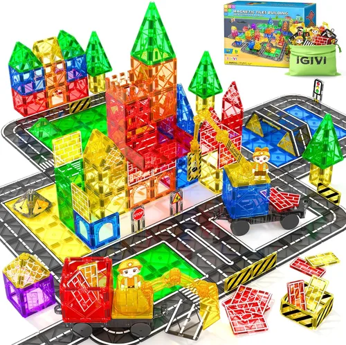 Vista 8 de Juego de 112 piezas de azulejos magnéticos para carretera con colores vibrantes y fuerza ultra magnética, bloques de construcción de carreteras
