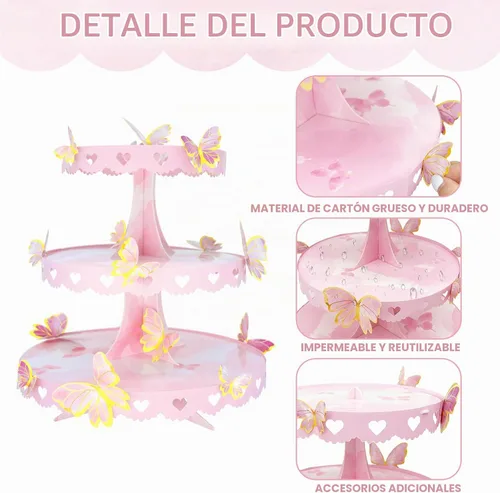 Vista 4 de Soporte para cupcakes de mariposa de 3 niveles, torre de postre