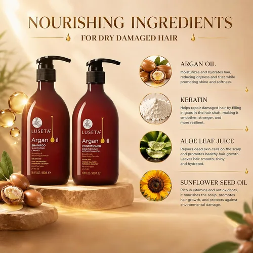 Vista 4 de Luseta - Juego de champú y acondicionador de aceite de argán, sin sulfatos, para tratar la pérdida de cabello, ideal para cabello dañado, fino, seco