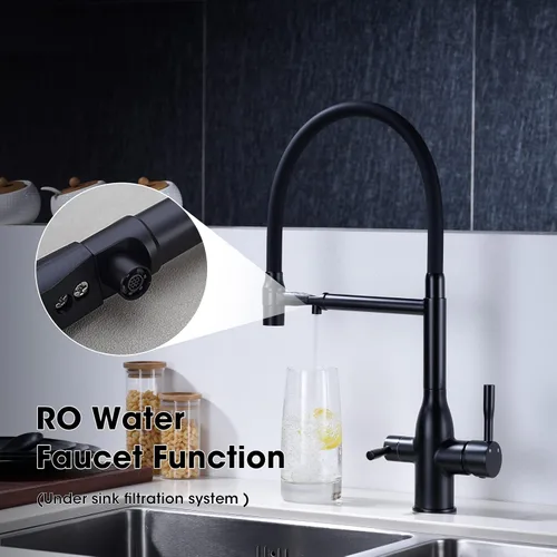 Vista 2 de TRUSTMI Grifo de cocina negro con rociador extraíble, acoplamiento magnético, un solo agujero, 2 asas, con boquilla de agua potable, negro mate