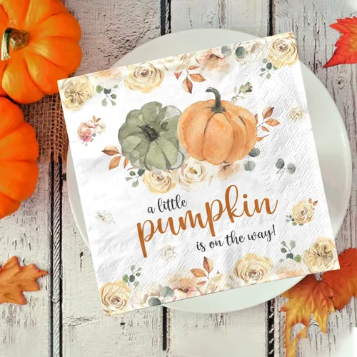 Vista 2 de A Little Pumpkin is on The Way - 40 servilletas de calabaza pequeña para baby shower, decoración de fiesta de otoño, calabaza, floral, niño y niña