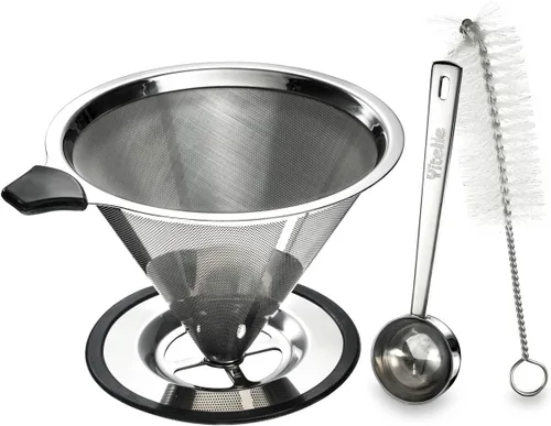Vista 2 de gotero de cono para café de acero inoxidable con soporte para taza, cuchara y cepillo de limpieza