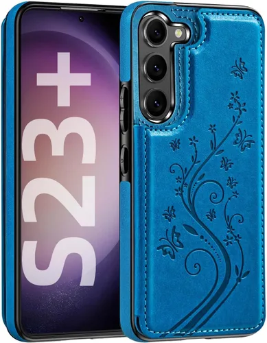 Vista 25 de Korecase - Funda tipo cartera para Samsung Galaxy S23 con tarjetero y tarjetero de piel sintética, diseño de mariposas y flores, color azul