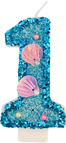 Vista 9 de Vela de número azul, velas de número con lentejuelas en forma de concha para pasteles de cumpleaños, suministros para fiestas con temática