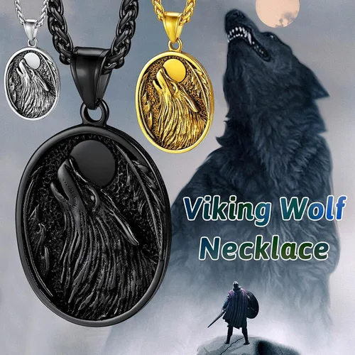 Vista 2 de FaithHeart Collar con colgante de lobo vikingo nórdico para hombres y mujeres, acero inoxidable, chapado en oro de 18 quilates, joyería con embalaje