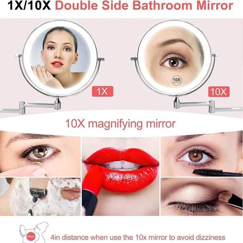 Vista 4 de GAUDIE Espejo de maquillaje LED con sensor inteligente con luces y aumento de 10X, espejo de tocador extensible giratorio de doble cara montado