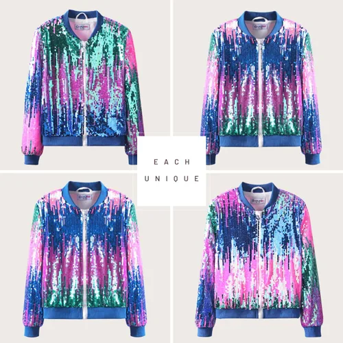 Vista 5 de WELAKEN Chaqueta bomber de lentejuelas ombré con bolsillos para niñas, ligera, brillante, manga larga, cremallera degradada, chaquetas para niños