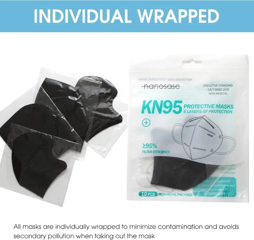 Vista 6 de Nanosase KN95 - Mascarillas para adultos, 5 capas, envueltas individualmente (10 máscaras negras para adultos)