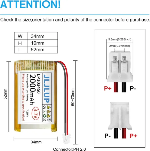Vista 3 de Batería Lipo de 3.7 V 2000 mAh Baterías recargables de polímero de litio con cable PH 0.079 in Conector Circuito de protección integrado