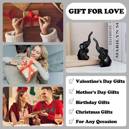 Vista 7 de DUQGUHO Mini elefante negro regalos para mujer, estilo moderno, estatua de animal pequeño, 2 piezas de decoración de elefante para estantes