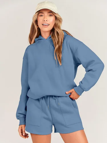 Vista 2 de ANRABESS Conjunto de 2 piezas para mujer, sudadera con capucha de gran tamaño, pantalones cortos, sudadera para descansar, ropa deportiva de moda