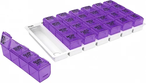 Vista 8 de Ezy Dose Organizador semanal de pastillas (7 días), caja de vitaminas y medicamentos, grandes compartimentos desplegables, 4 veces al día, azul