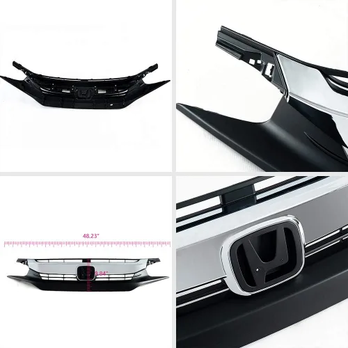 Vista 9 de PIT66 Rejilla delantera superior del parachoques en capó negro con cromo compatible con Honda Civic 10th Limousine 2016 2017 2018 parrilla para Civic