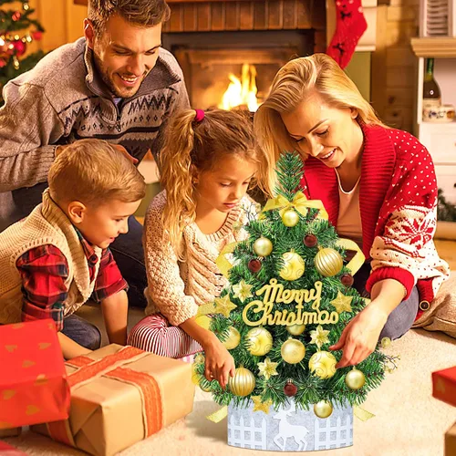 Vista 6 de Mini árbol de Navidad de mesa de 2 pies, árbol de Navidad pequeño dorado para interiores y hogar, granja, chimenea, mesa, decoración de Navidad