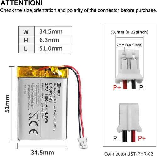 Vista 3 de EEMB 3.7V Lipo Batería 1100mAh 603449 Recargable JST 0.079 in, 1-Pack