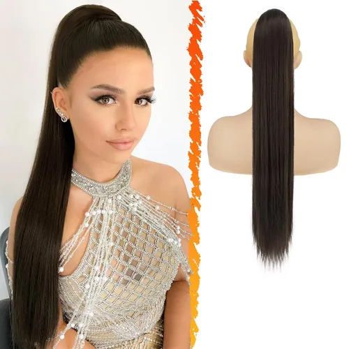 Vista 23 de Barsdar Extensión de cola de caballo marrón oscuro - Extensiones de cola de caballo cortas y rectas de 14 pulgadas con cordón para mujeres