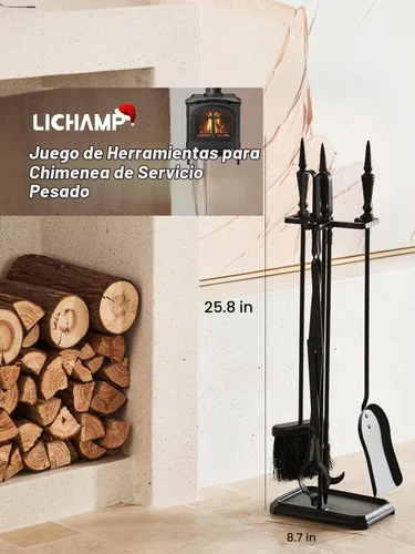 Vista 2 de Lichamp Juego de Herramientas Góticas para Chimenea, 5 Piezas para Interiores y Exteriores, Juego Resistente de Atizadores para Chimenea con Mango