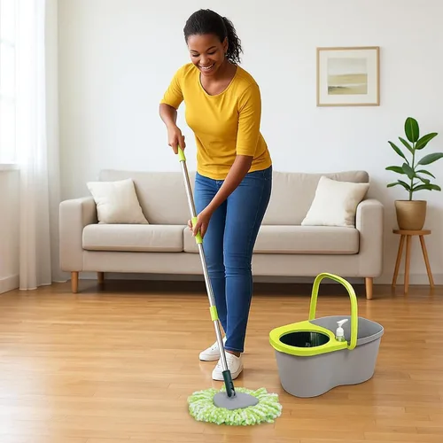 Vista 2 de Pine-Sol Juego de trapeador giratorio y cubo, cabezal de trapeador de microfibra con mango extensible y cubo fácil de escurrir, sistema de limpieza