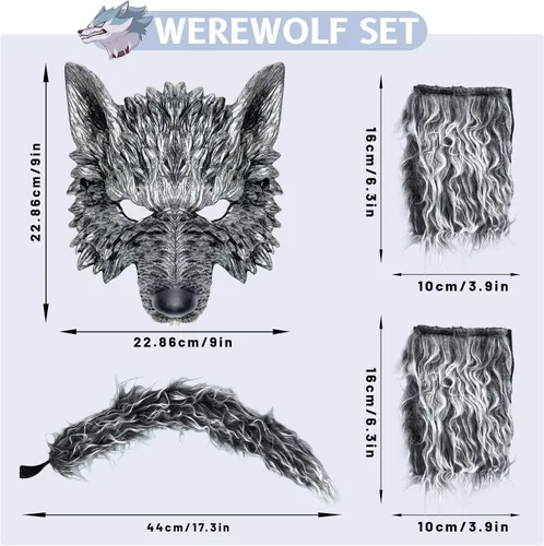 Vista 2 de Exlinonline Disfraz de lobo de hombre lobo para mujeres, hombres, adultos y niños con orejas de lobo grandes y malas, guante y máscara para Halloween