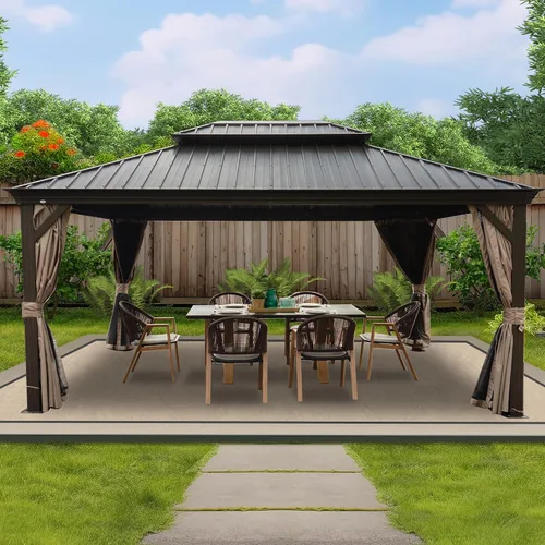 Vista 20 de Kozyard Caesar 10 x 12 pies Gazebo Permanente de Aluminio de techo rígido con una pared lateral con mosquitero