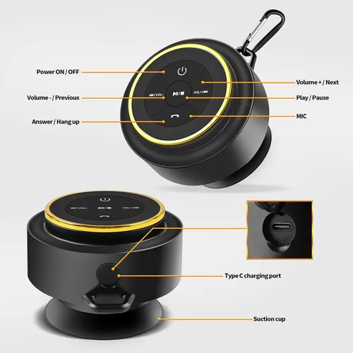 Vista 8 de Altavoz de ducha Bluetooth con mosquetón, altavoces Bluetooth portátiles con ventosa, IP67 impermeable, inalámbrico, flotante, para camping, playa