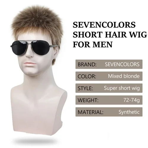 Vista 4 de SEVENCOLORS Peluca corta para hombre, pelucas rubias mixtas para hombres, cabello natural, sintético, cosplay, Halloween, disfraz, pelucas
