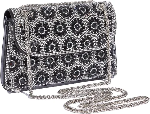 Vista 3 de Bolso de mano de cristal con diamantes de imitación de flores, bolsa de hombro brillante para boda, graduación, fiesta, novia, invitada, caja
