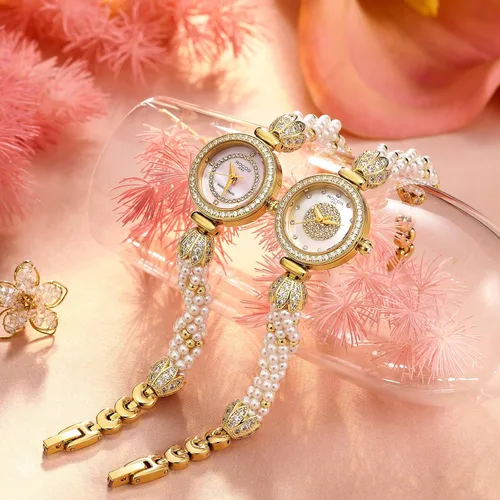 Vista 2 de Reloj de pulsera de oro para mujer, correa de cadena de perlas giratoria, esfera deslumbrante, impermeable, regalo para mujer R0262JF