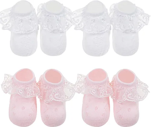 Vista 7 de DRESHOW Calcetines de bebé para niñas con ojales y volantes de encaje, calcetines de vestir para recién nacidosbebésniños pequeñosniños para niña