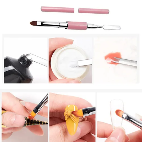 Vista 7 de Cepillo de poligel de doble extremo, 2 en 1 cepillos de uñas de diseño de acero inoxidable, cepillo de poligel y espátula para extensión de uñas