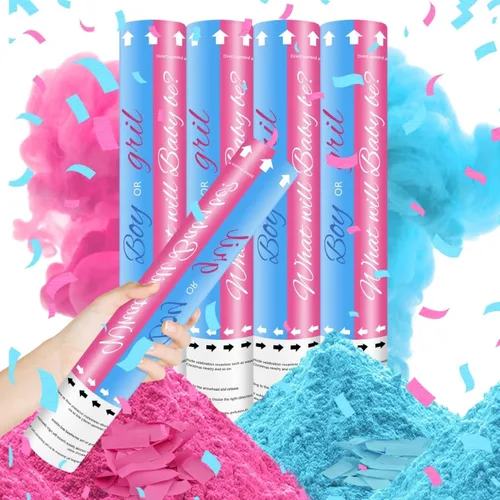 Vista 9 de Cañones de Confeti Azul o Rosa de 12 Pulgadas, Confeti en Polvo para Revelación de Género de Niño o Niña, Juego de 4 Cañones de Humo, Decoraciones