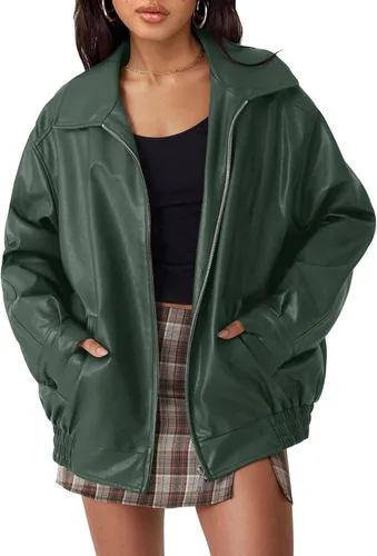 Vista 17 de AUTOMET Chaqueta de piel sintética de gran tamaño para mujer para otoño e Verde Armada (ArmyGreen)