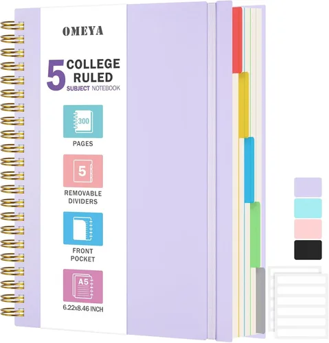 Vista 13 de Cuaderno de Espiral 8.5" x 11", Cuadernos de 5 Materias con Rayas Universitarias con Divisores Removibles, 300 Páginas 100GSM Diario de Escritura