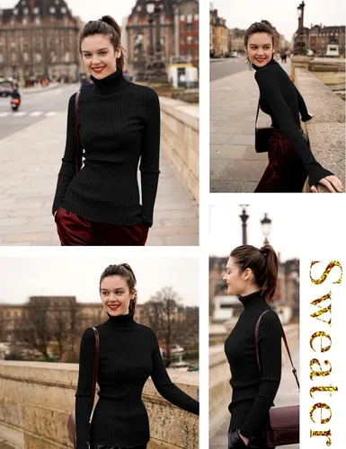 Vista 4 de v28 - Suéteres acanalados con cuello alto falso para mujer, diseño cálido de punto sexy, entallado y moderno sin botones