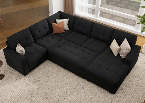 Vista 12 de HONBAY Sofá Seccional Cama Extraíble, Sofá Seccional en Forma de U con Chaise de Almacenamiento, Sofá Cama para Sala de Estar, Beige