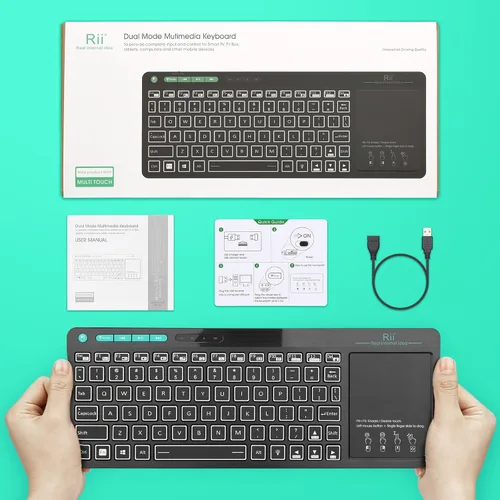 Vista 8 de Rii RT518S - Teclado multifuncional inalámbrico y Bluetooth con retroiluminación de 2 LED de color, modo dual, trackpad multitáctil de gran