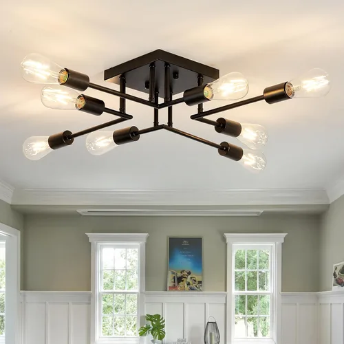 Vista 11 de Accesorio de Lámpara de Techo Industrial Semiempotrada de 4 Luces, Candelabro Sputnik Moderno de Metal Negro con Base de Bombilla E26, Luz Pegada al